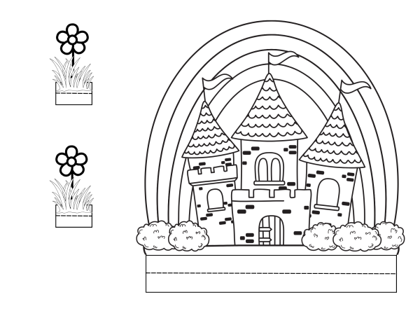 Outlined castle with turrets and grasses inside a rainbow arch, beside are outlined potted flowers