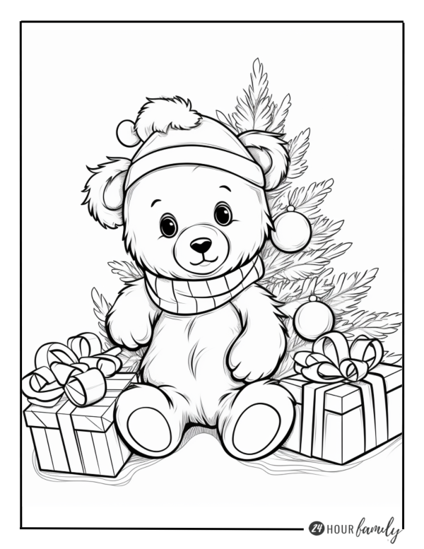 Teddy Bear in front of a Christmas tree coloring pages