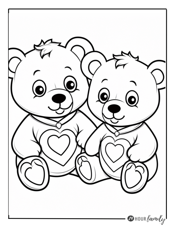 Two teddy bears with hearts coloring pages