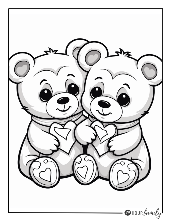 Two teddy bears with hearts coloring pages