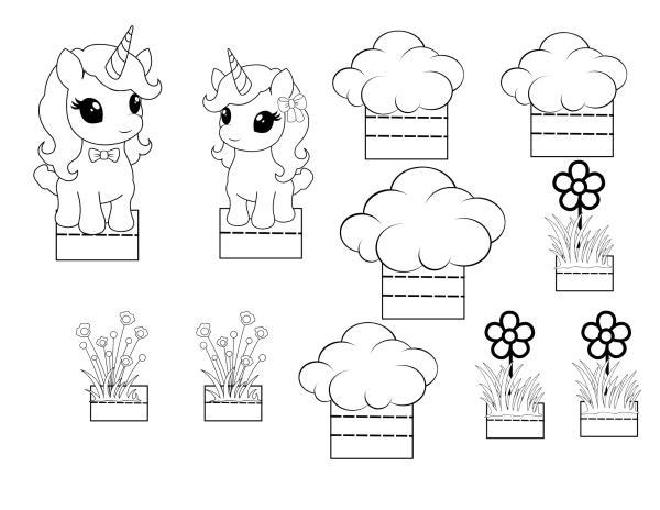 Two unicorns, four clouds, three single stem flower, and potted flowers in outlined sketches