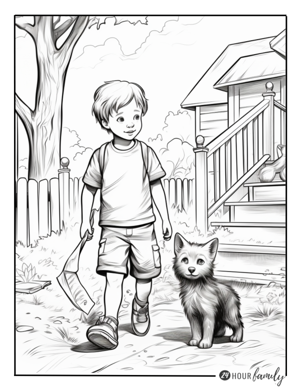 boy and dog outside coloring pages