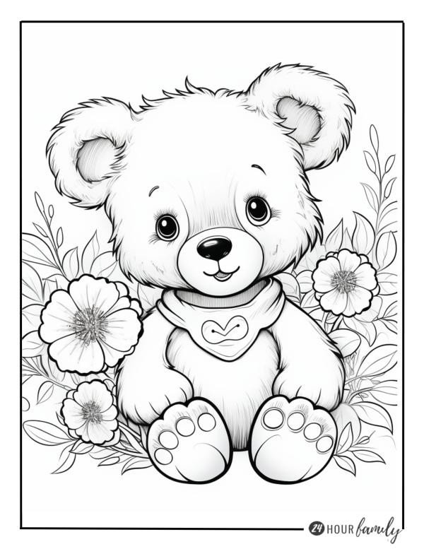 Teddy bear in garden coloring page