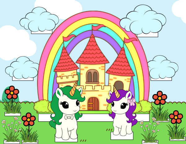A colorful diorama craft with two unicorns standing in front of a castle