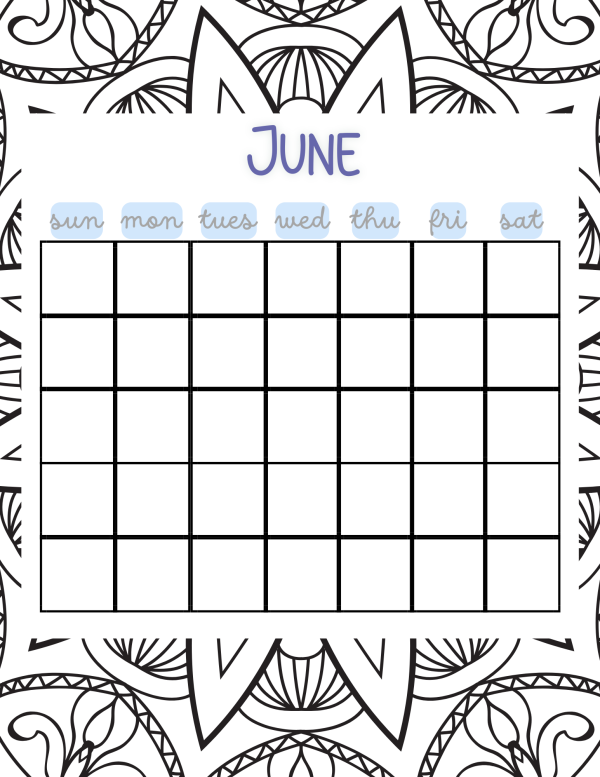 monthly june coloring calendar