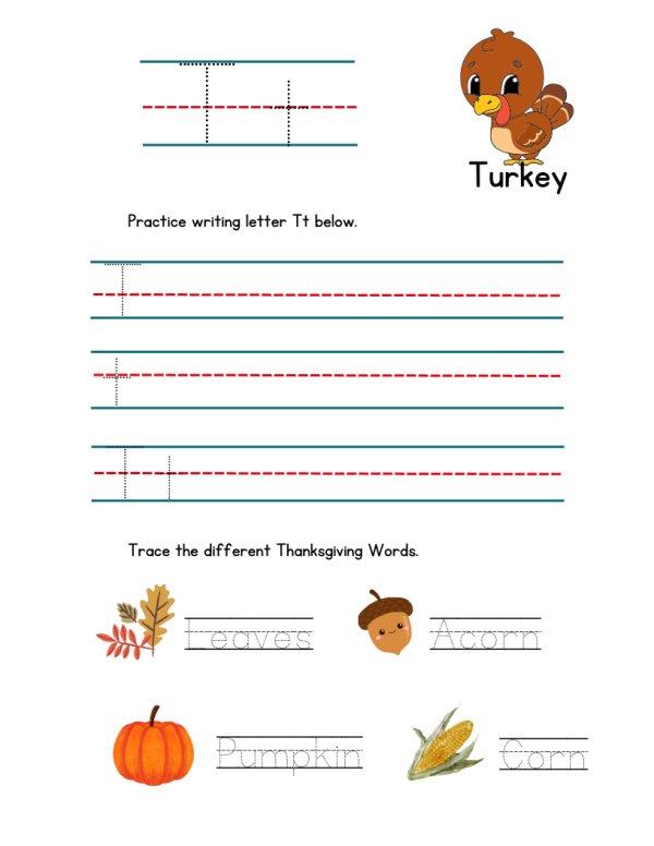 practice writing letter t below trace these thankssgiving words