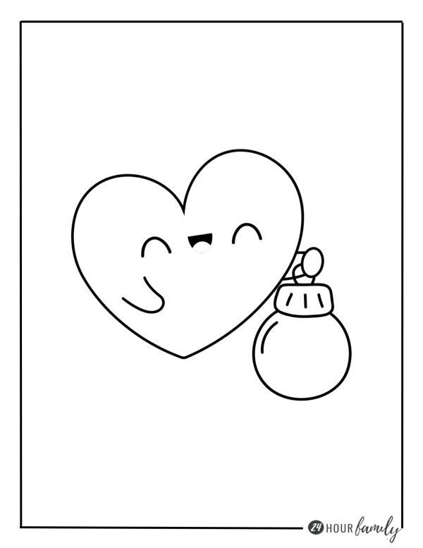 a christmas heart coloring page featuring a heart with a smiling face holding a Christmas ball