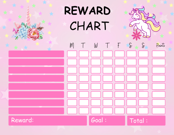 Unicorn themed reward chart with days, goals, and blank spaces on a light pink starry background