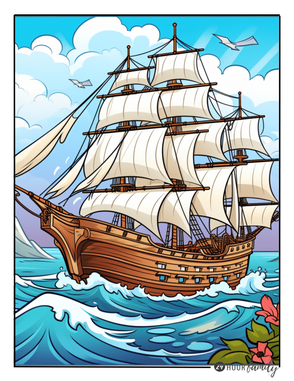 An illustration of a sailing ship in the ocean