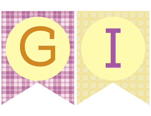 Two banners one letter G on purple plaid background, one with letter I on yellow floral background