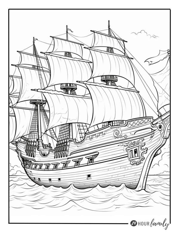 A coloring page of a detailed sailing ship on the sea