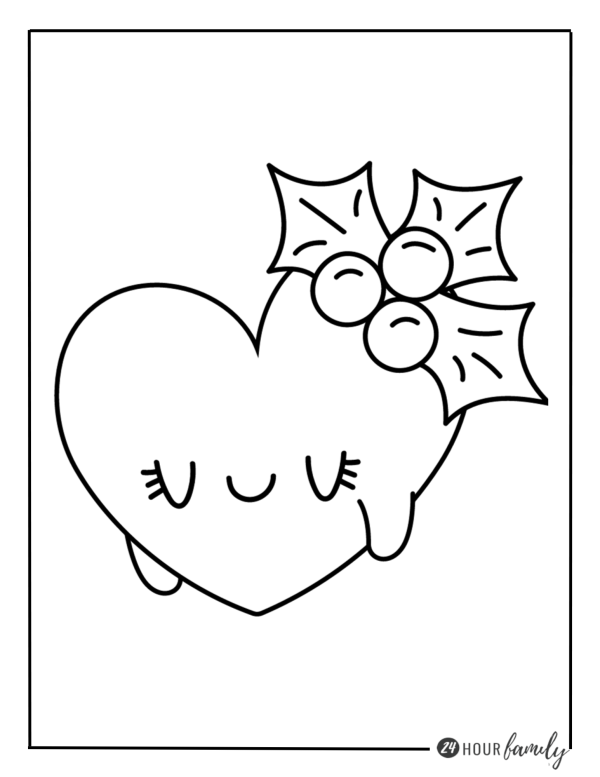A Christmas coloring page featuring a heart with holly leaves and berries on it