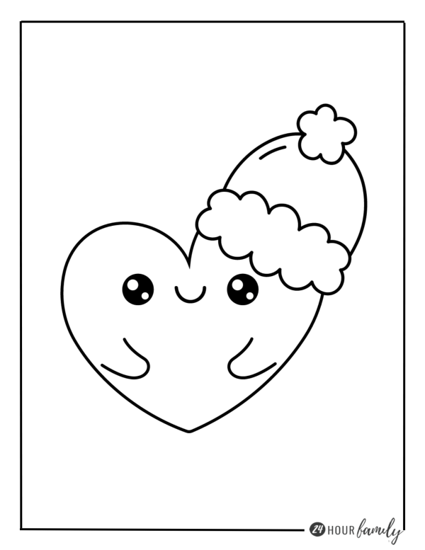 A Christmas coloring page featuring a heart with a hat