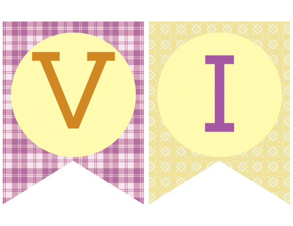 Two banners one letter V on purple plaid background, one with letter I on yellow floral background