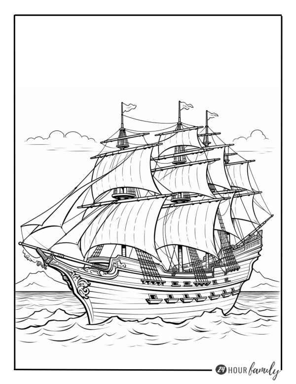 a coloring page of a sailing ship on calm waters, under a cloud-filled sky