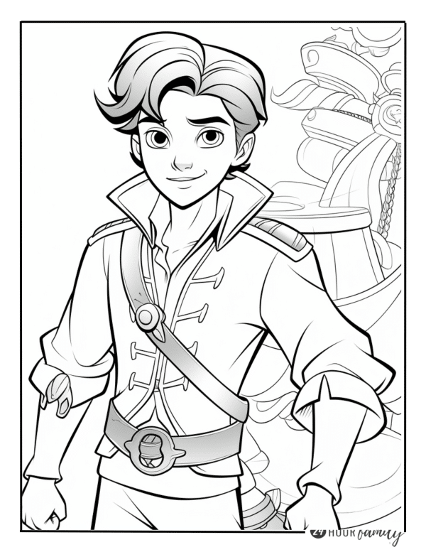 a coloring page of a young male pirate with a confident expression