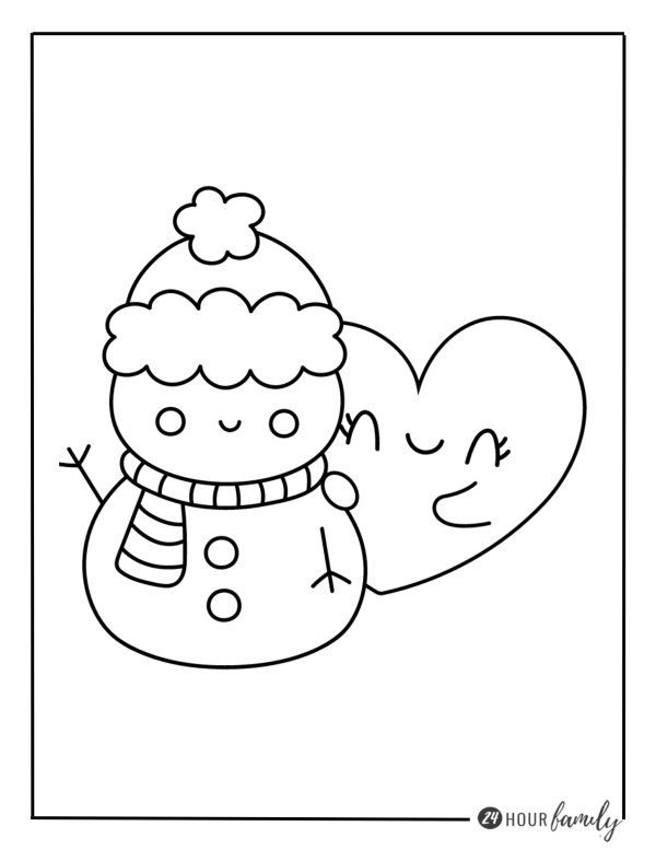 A Christmas coloring page featuring a snowman and a heart at the back