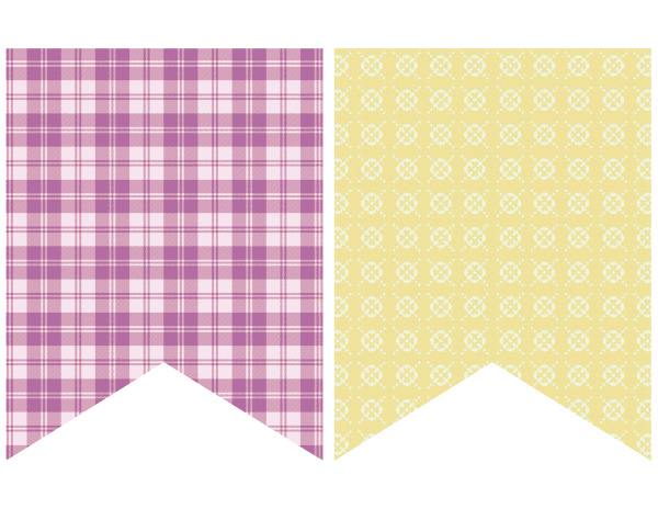 Two patterned banners one with purple plaid and the other with yellow floral designs