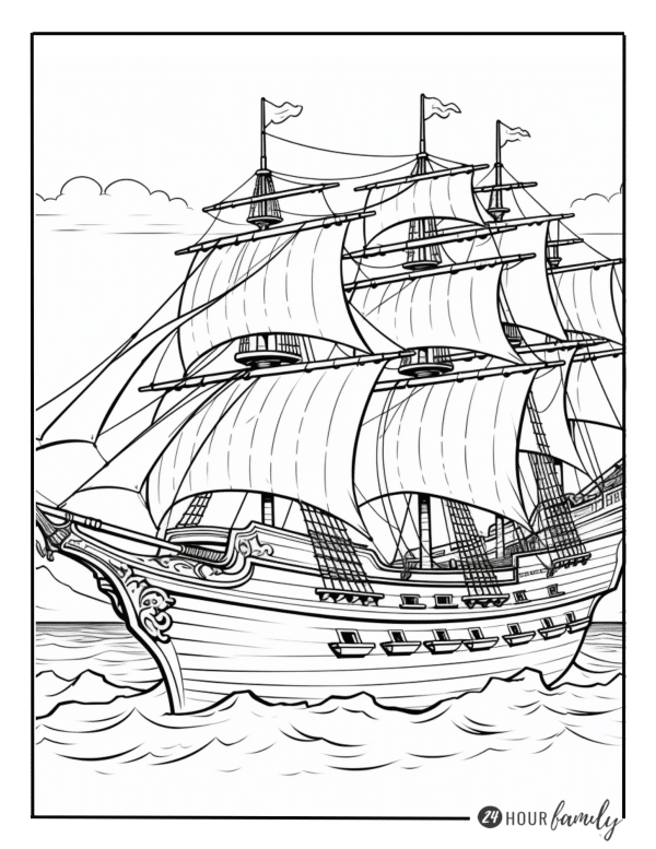 a coloring page of a detailed sailing ship with multiple masts and sails, sailing on calm waters