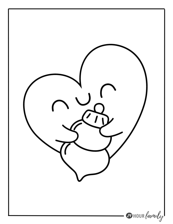A Christmas coloring page featuring a  heart holding a christmas ornament