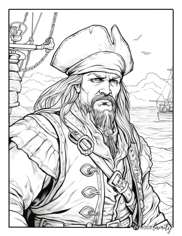 a coloring page of a stern-looking pirate captain with a beard