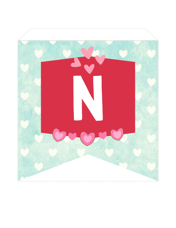 Illustration of a banner with a red square displaying the letter "N", surrounded by heart patterns