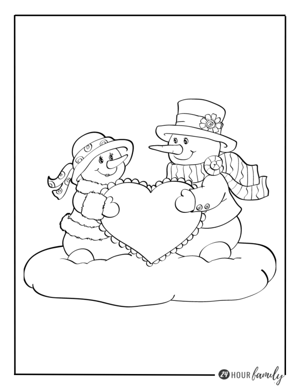 A Christmas coloring page featuring two snowmen holding a heart