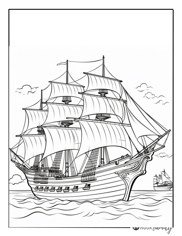 a coloring page of a grand sailing ship with multiple sails set against a backdrop of the sea
