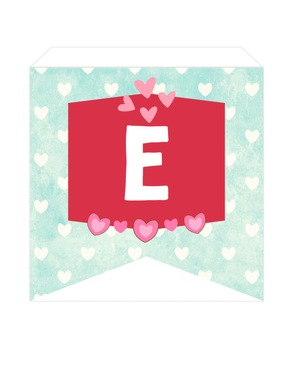 Illustration of a banner with a red square displaying the letter "E", surrounded by heart patterns