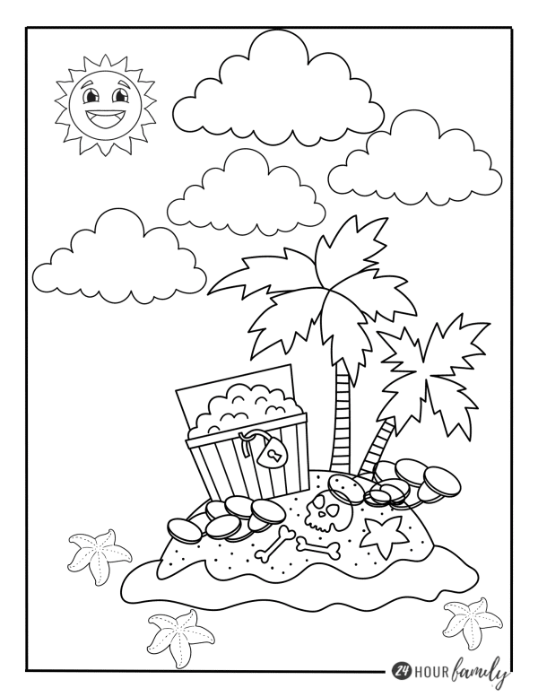 a coloring page of a tropical island with palm trees, cooler, beach ball, seashells, starfish, fluffy clouds, and a smiling sun