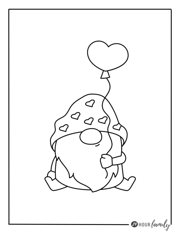 A Christmas coloring page featuring a gnome holding a heart balloon