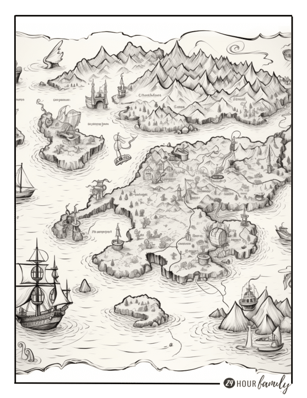 coloring page of Hand-drawn map displaying mountains, forests, islands, coastal areas, sailing ships