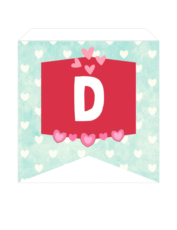 Illustration of a banner with a red square displaying the letter "D", surrounded by heart patterns