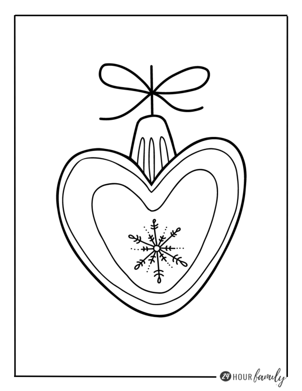 A Christmas coloring page featuring a heart shaped ornament with a snowflake and a bow