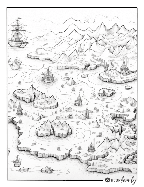 coloring page of Hand-drawn map displaying mountains, forests, islands, coastal areas, sailing ships