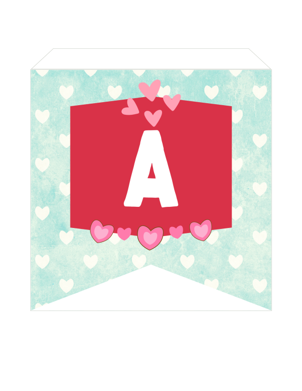 Illustration of a banner with a red square displaying the letter "A", surrounded by heart patterns