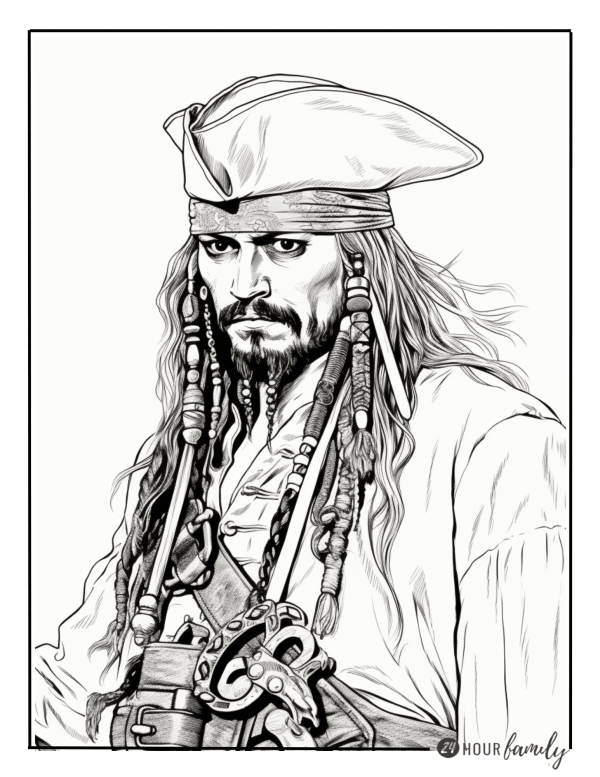 jack sparrow coloring page a pirate with intense expression with facial hair