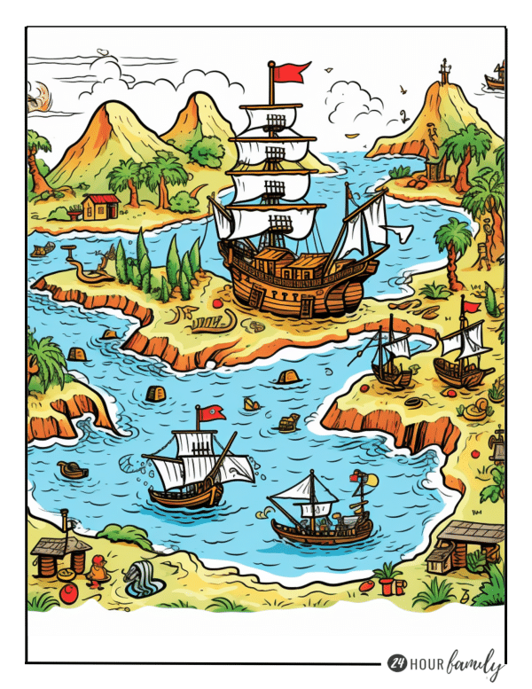 An illustration of a pirate ship in the ocean