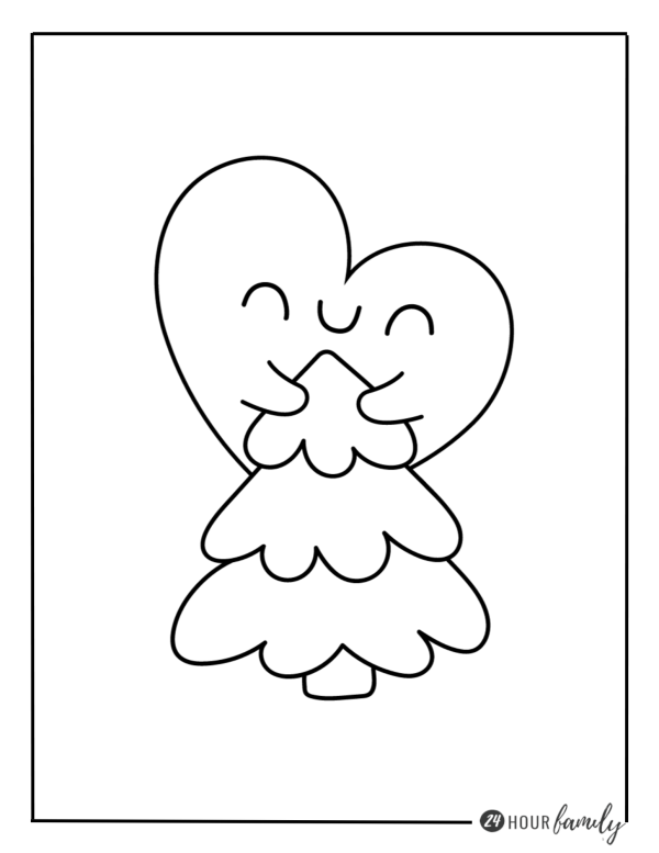 a christmas heart coloring page featuring a heart with a smiling face hugging a Christmas tree