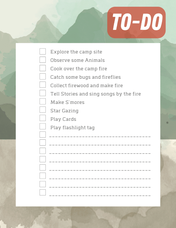 TO-DO camping list with activities in a white sheet and light painted mountain background