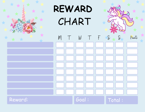 Unicorn themed reward chart with days, goals, and blank spaces on a light blue starry background