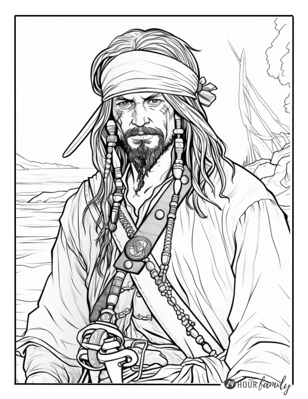 A black and white coloring page of a pirate with a sword and a bandana on his head