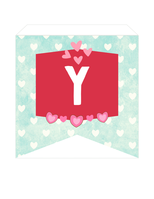 Illustration of a banner with a red square displaying the letter "Y", surrounded by heart patterns