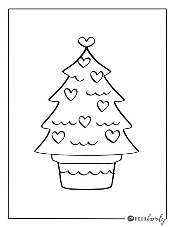 A Christmas coloring page featuring a christmas tree with heart ornaments and a heart on top