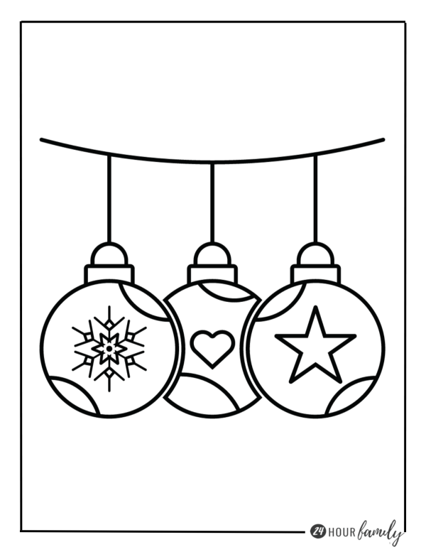 A Christmas coloring page featuring three Christmas balls hanging from a string