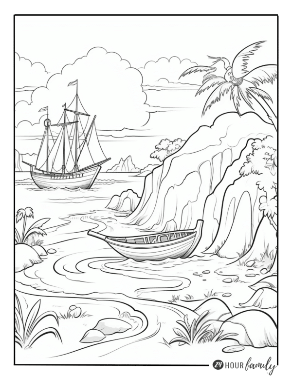 A black and white coloring page of a boat and a ship in the ocean