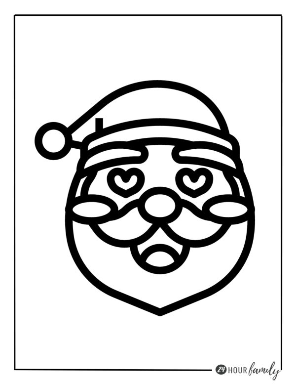 A Christmas coloring page featuring Santa Claus with hearts in his eyes