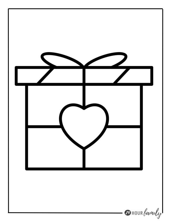 A Christmas coloring page featuring a gift box with a heart
