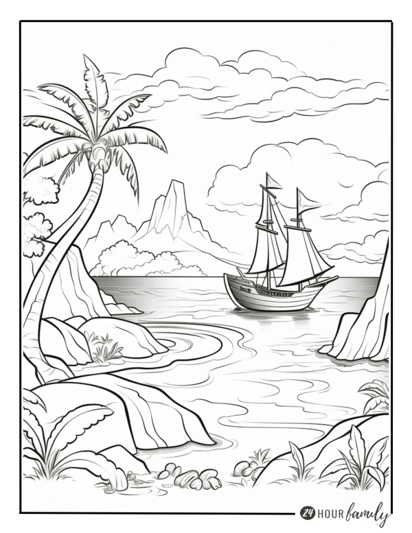 a coloring page of a pirate ship sailing in the ocean next to an island surrounded by palm trees