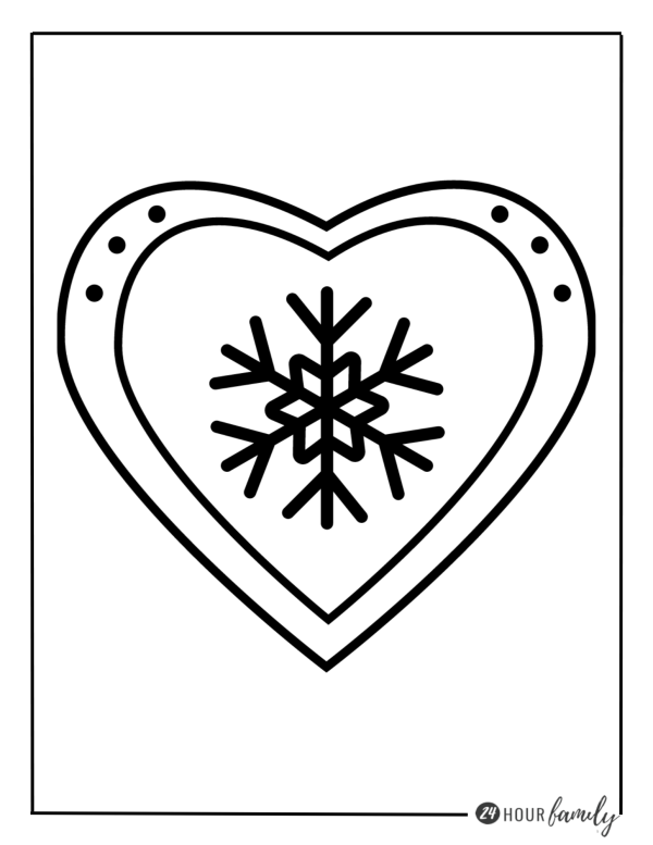 A Christmas coloring page featuring a heart with a snowflake inside